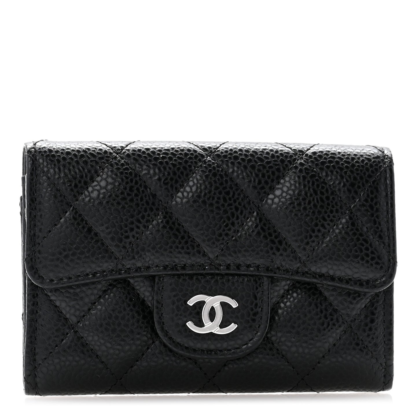 Caviar Quilted Flap Card Holder Wallet Black