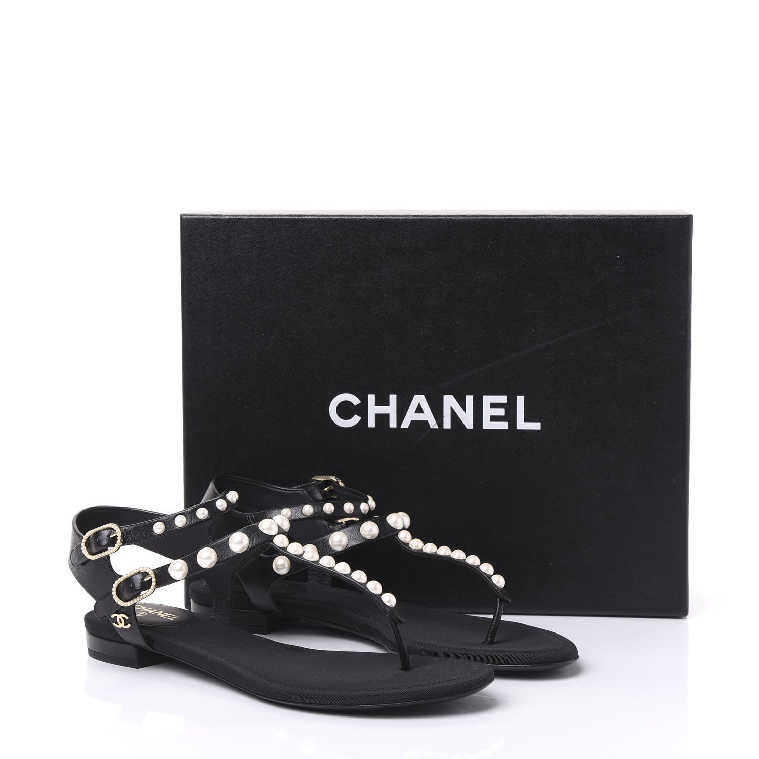 Chanel Lambskin Pearl Thong Sandals 37 Black 8 of 8