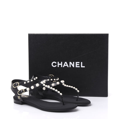 Chanel Lambskin Pearl Thong Sandals 37 Black 8 of 8
