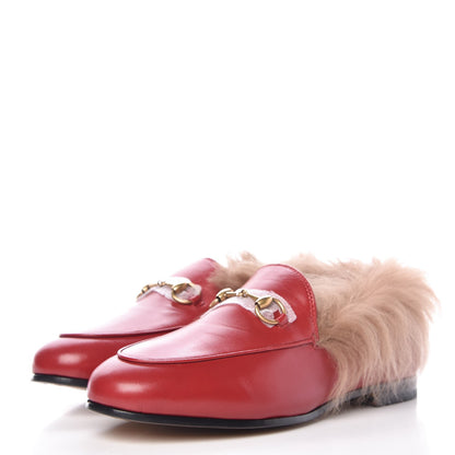 Gucci Malaga Kid Fur Womens Jordaan Loafers 37 Hibiscus Red Natural 3 of 9