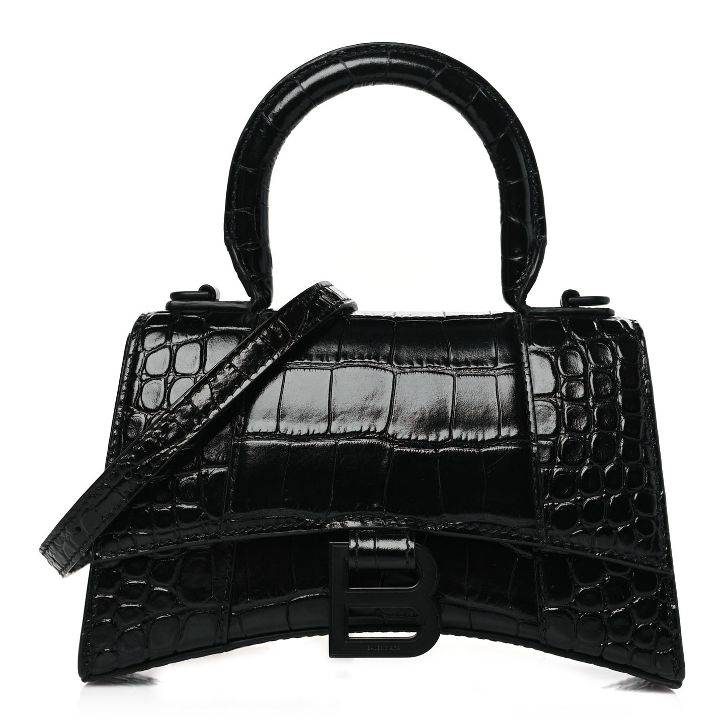 Shiny Calfskin Monochrome Crocodile Embossed Hourglass Top Handle Bag XS Black