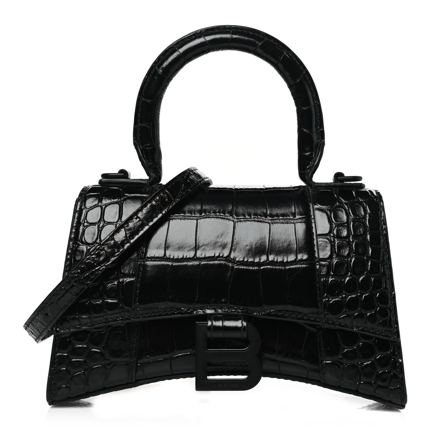 Balenciaga Shiny Calfskin Monochrome Crocodile Embossed Hourglass Top Handle Bag XS Black 1 of 8