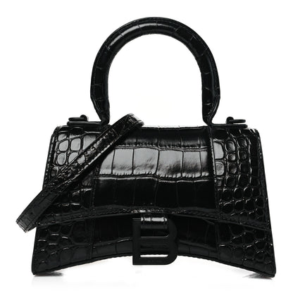 Balenciaga Shiny Calfskin Monochrome Crocodile Embossed Hourglass Top Handle Bag XS Black 1 of 8