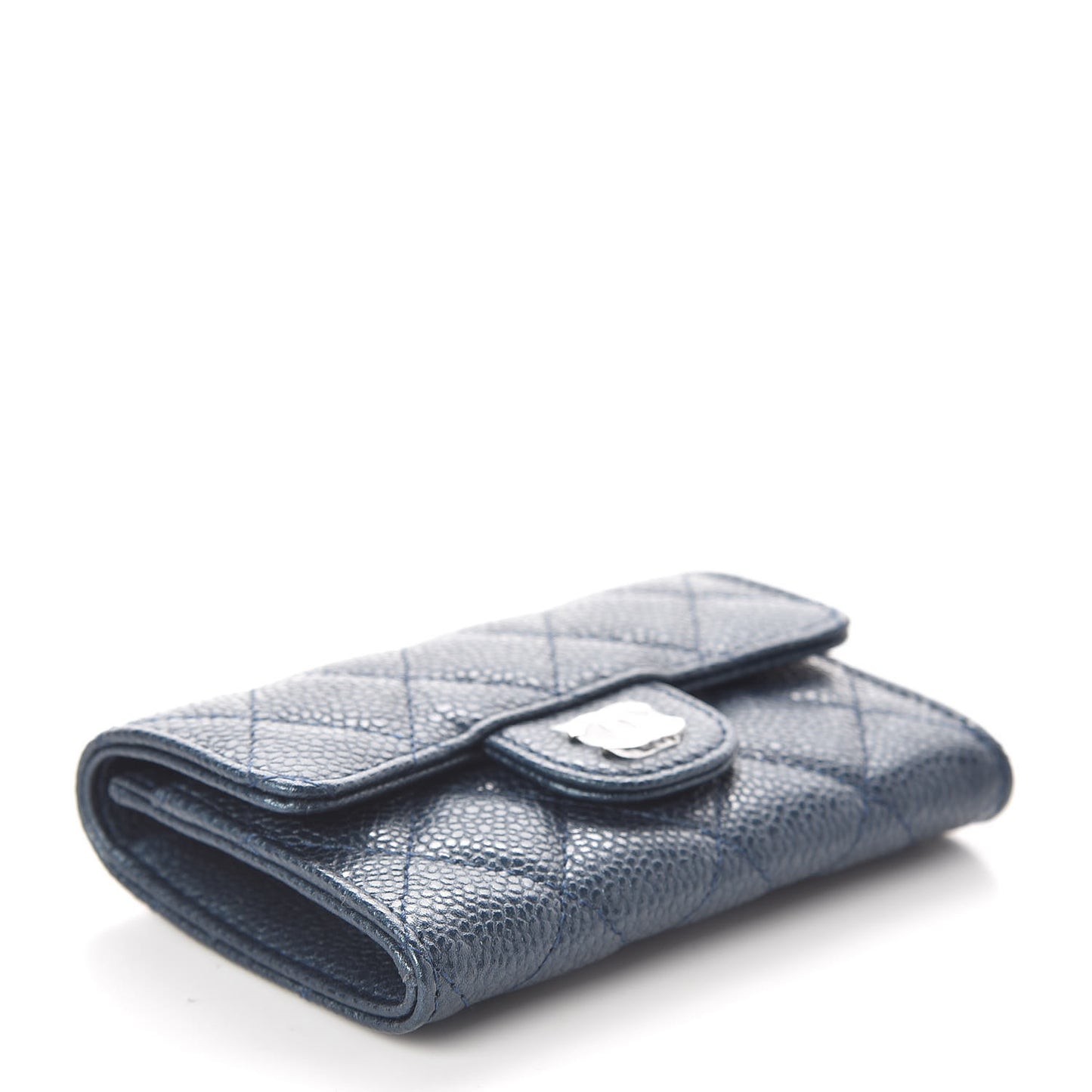 Iridescent Caviar Quilted Flap Card Holder Dark Blue