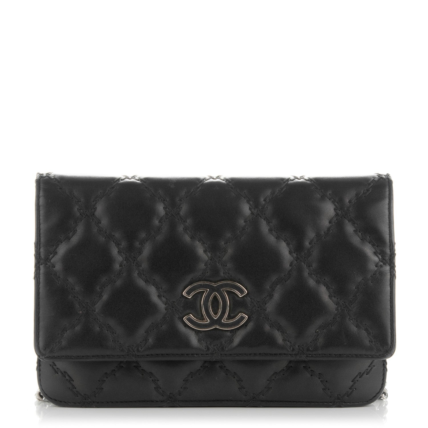 Chanel Calfskin Double Stitch Hamptons Wallet On Chain WOC Black 1 of 9