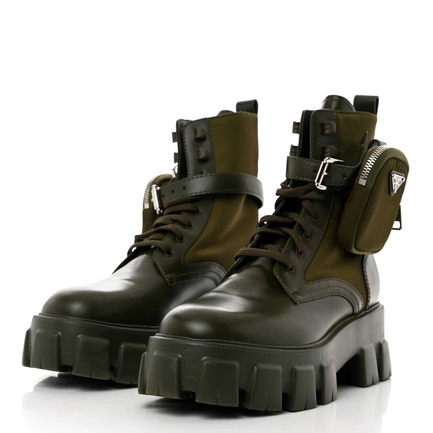 Prada Spazzolato Rois Re-Nylon Metal Triangle Logo Monolith Pouch Pocket 55mm Boots 38.5 Militare 3 of 15