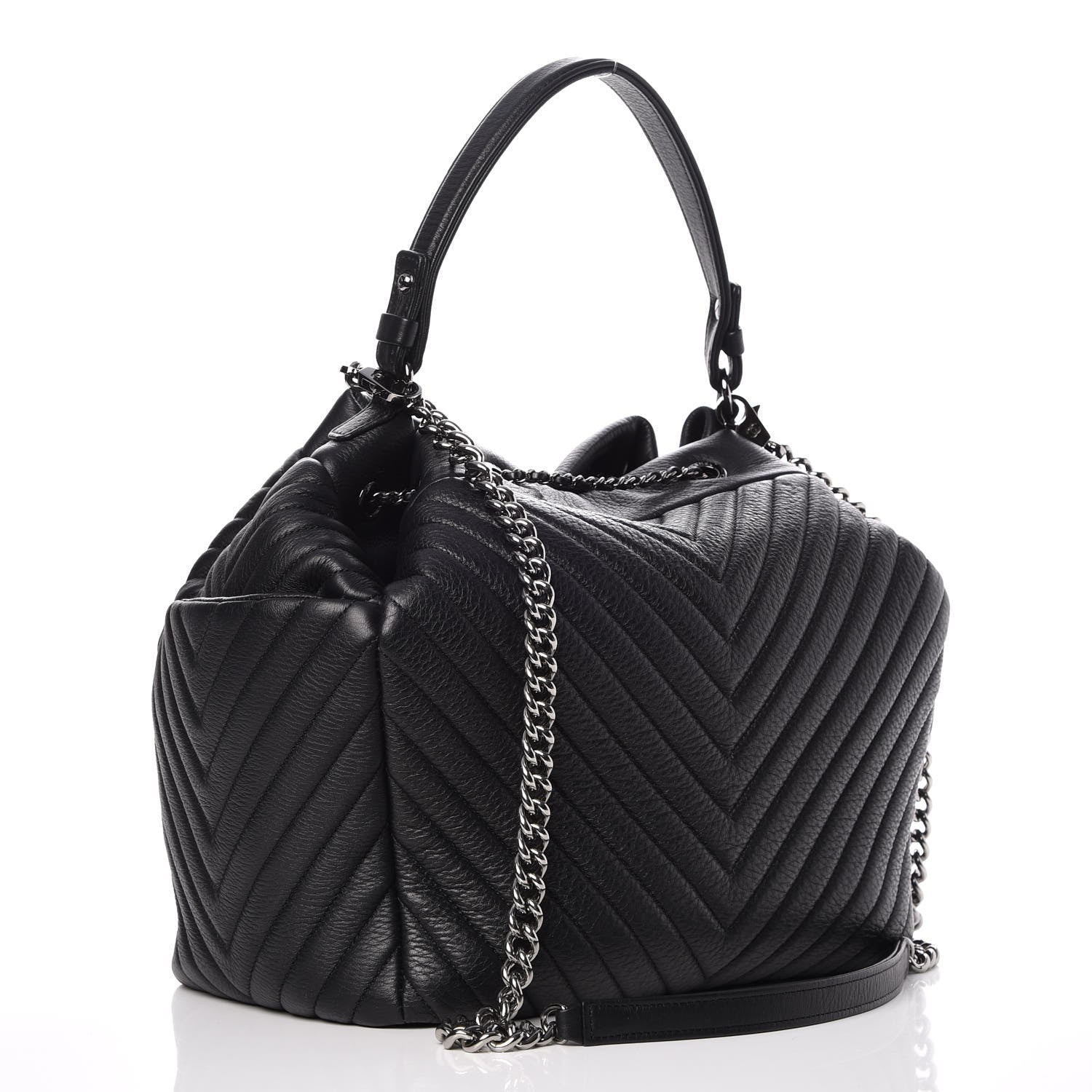 Chanel Deerskin Chevron Large CC Chain Bucket Drawstring Bag Black 4 of 9