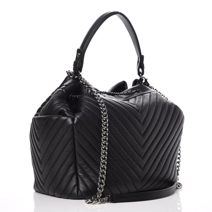 Chanel Deerskin Chevron Large CC Chain Bucket Drawstring Bag Black 4 of 9