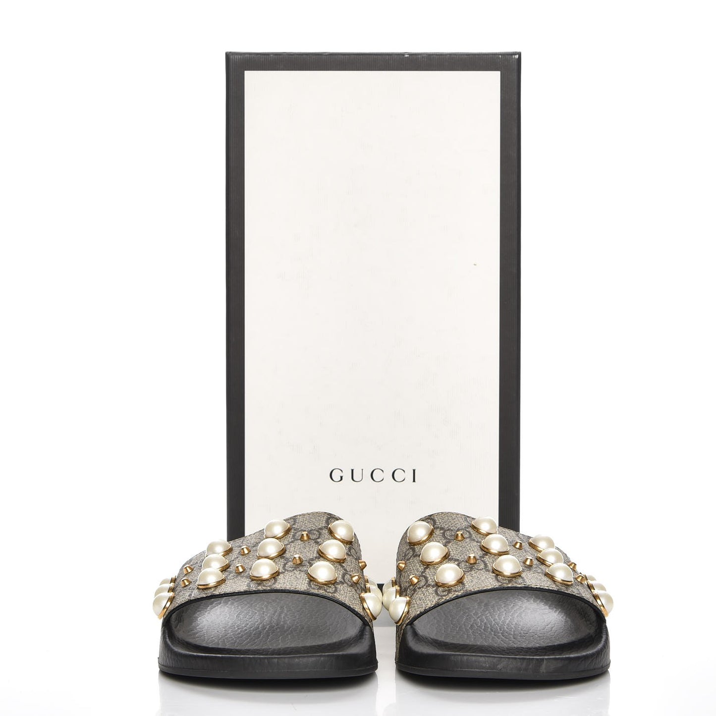 GG Supreme Monogram Pearls Slide Sandals 40 Beige
