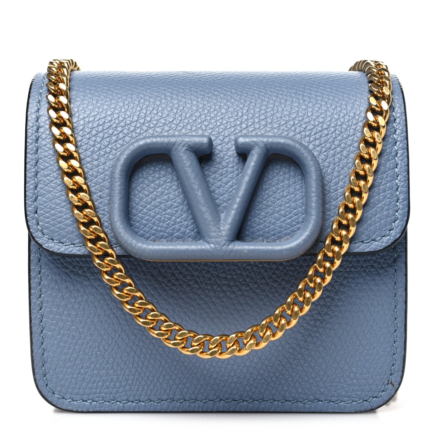 Grainy Calfskin VLogo Compact Wallet with Chain Niagara