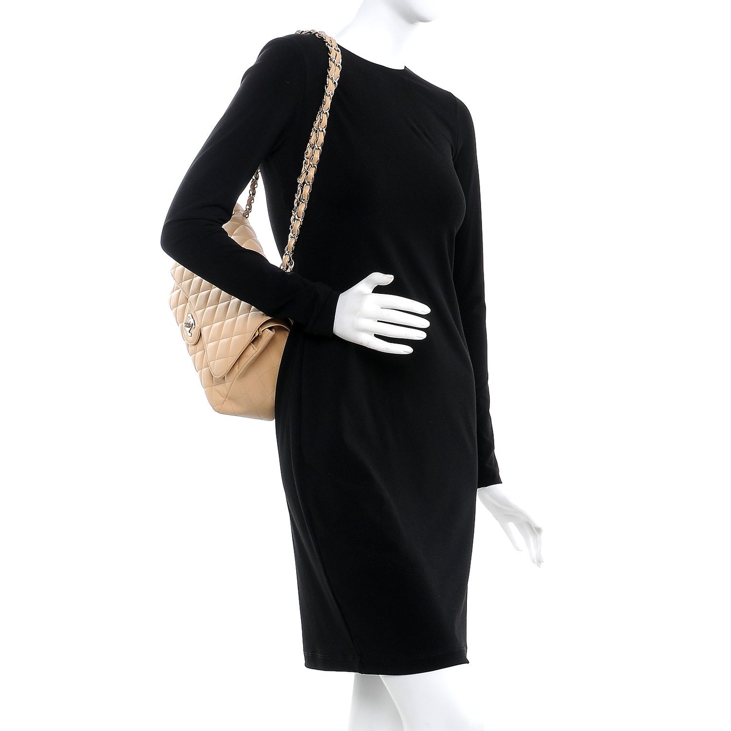 Caviar Quilted Jumbo Double Flap Beige Clair