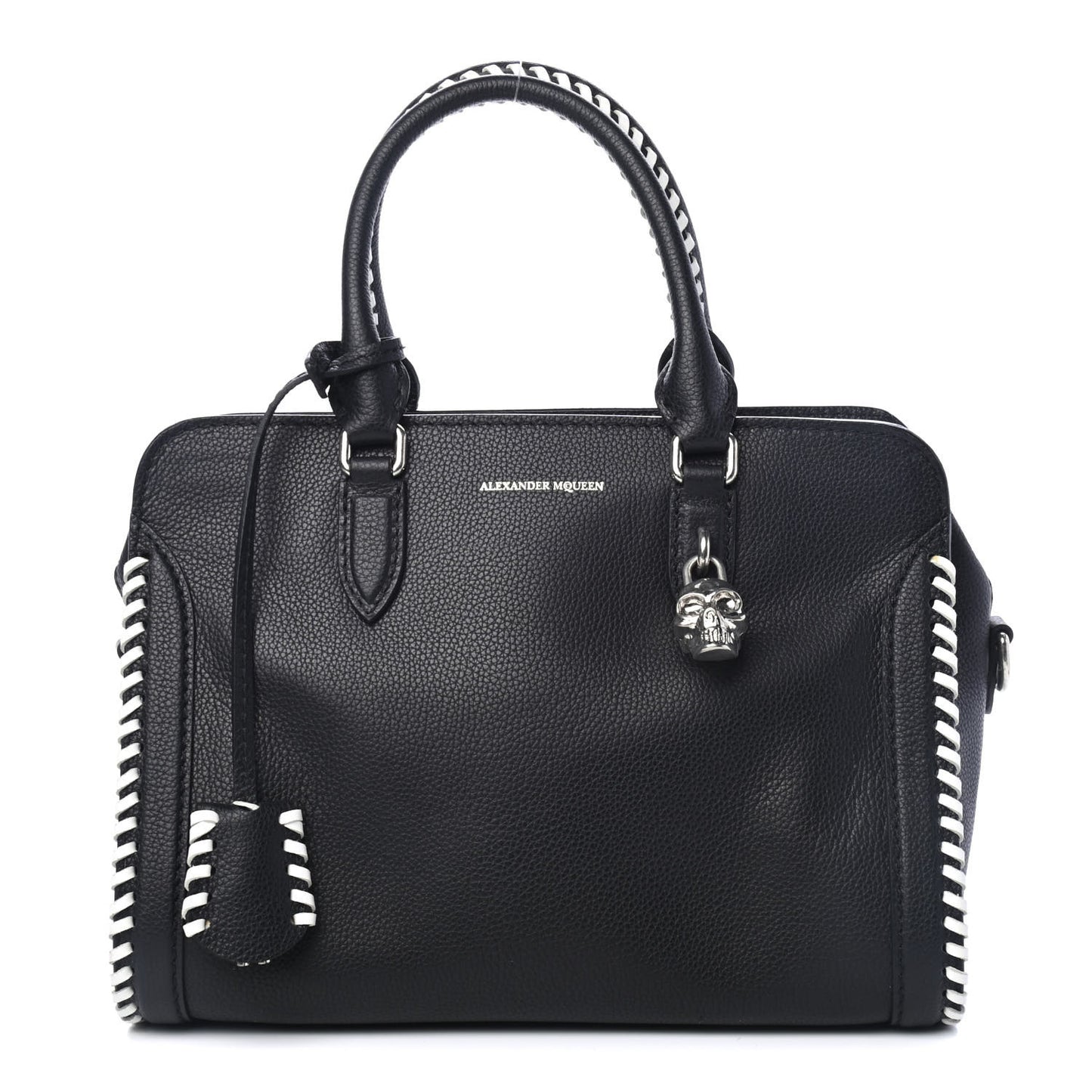 Pebbled Calfskin Small Whipstitch Skull Padlock Tote Black