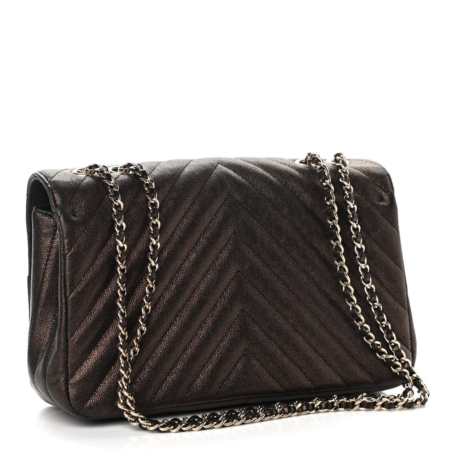 Chanel Metallic Caviar Chevron Quilted Medium Statement Flap Bronze 3 of 12
