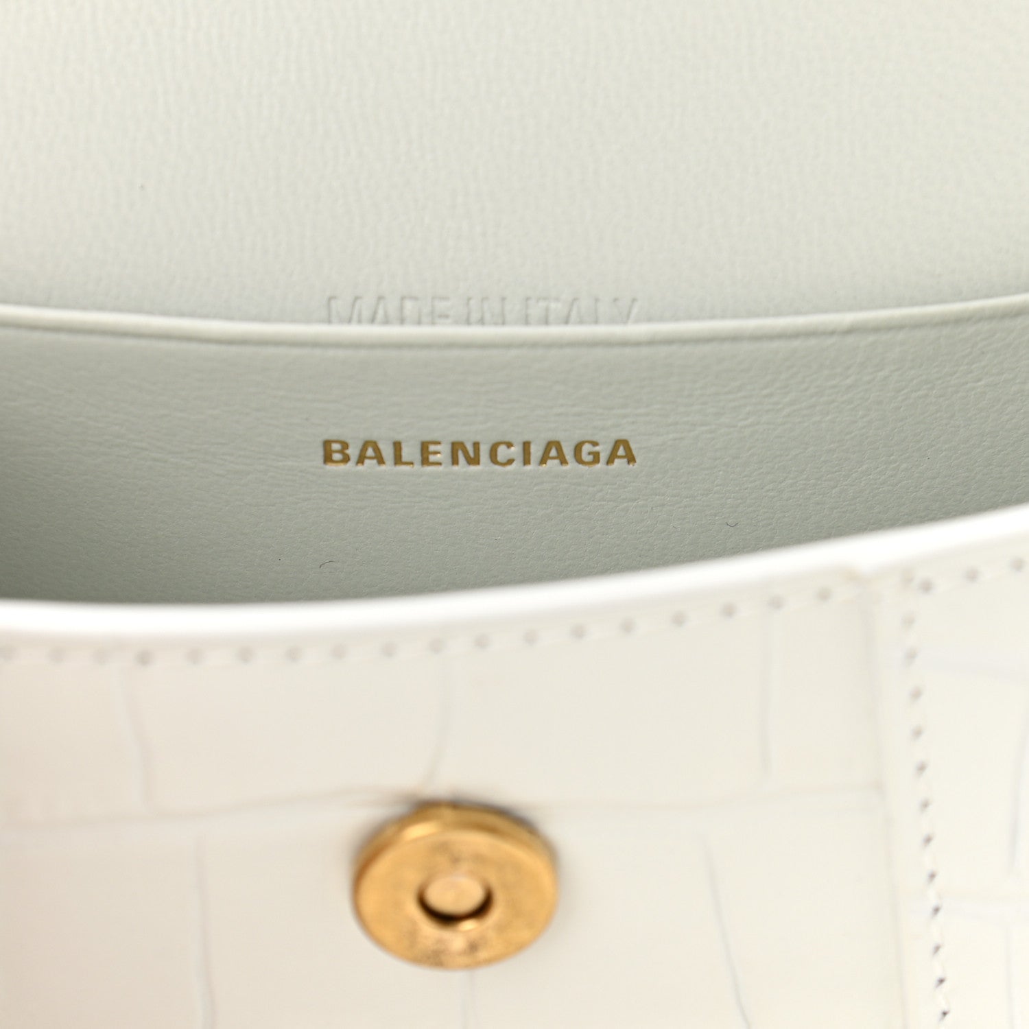 Balenciaga Shiny Calfskin Crocodile Embossed Hourglass Top Handle Bag Mini with Chain White 6 of 11