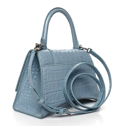 Balenciaga Shiny Calfskin Crocodile Embossed Small Hourglass Top Handle Bag Blue Grey 3 of 16