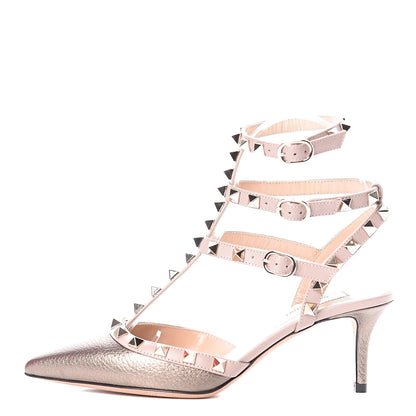 Valentino Garavani Metallic Pebbled Calfskin Rockstud Ankle Strap 65mm Pumps 35.5 Sasso Poudre 1 of 9