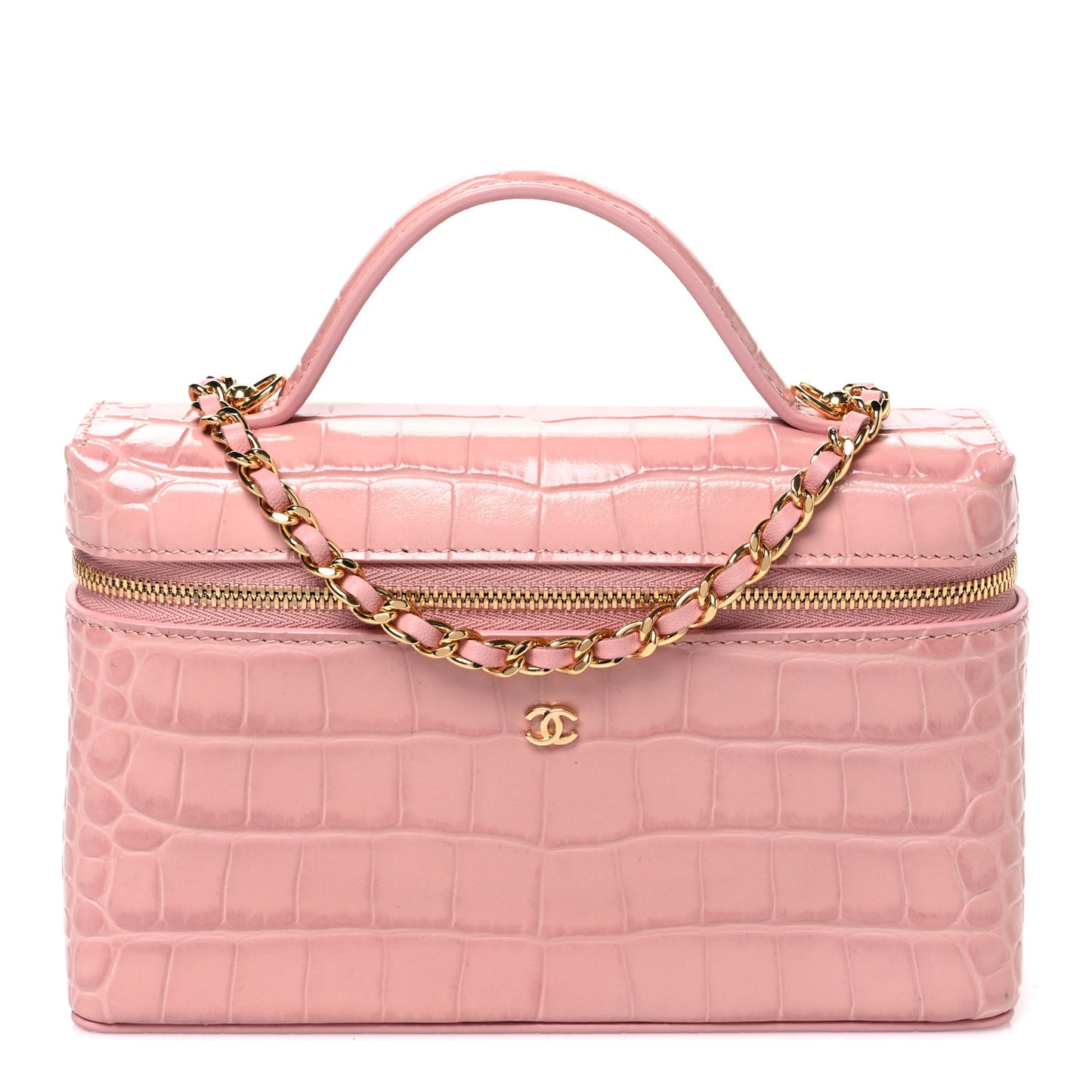 Calfskin Crocodile Embossed Crococo Top Handle Slim Vanity Case With Chain Light Pink