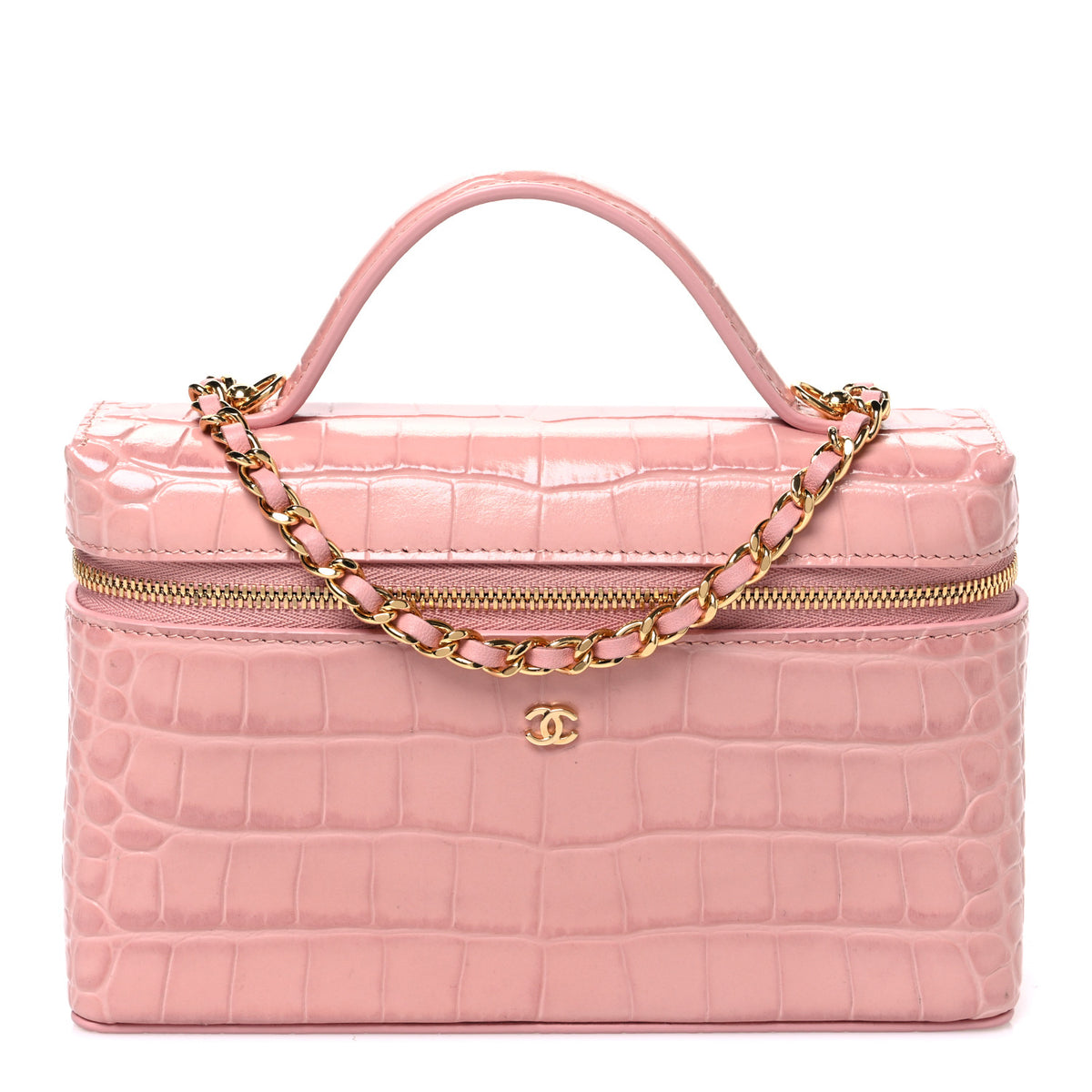 Chanel Calfskin Crocodile Embossed Crococo Top Handle Slim Vanity Case With Chain Light Pink 1 of 11
