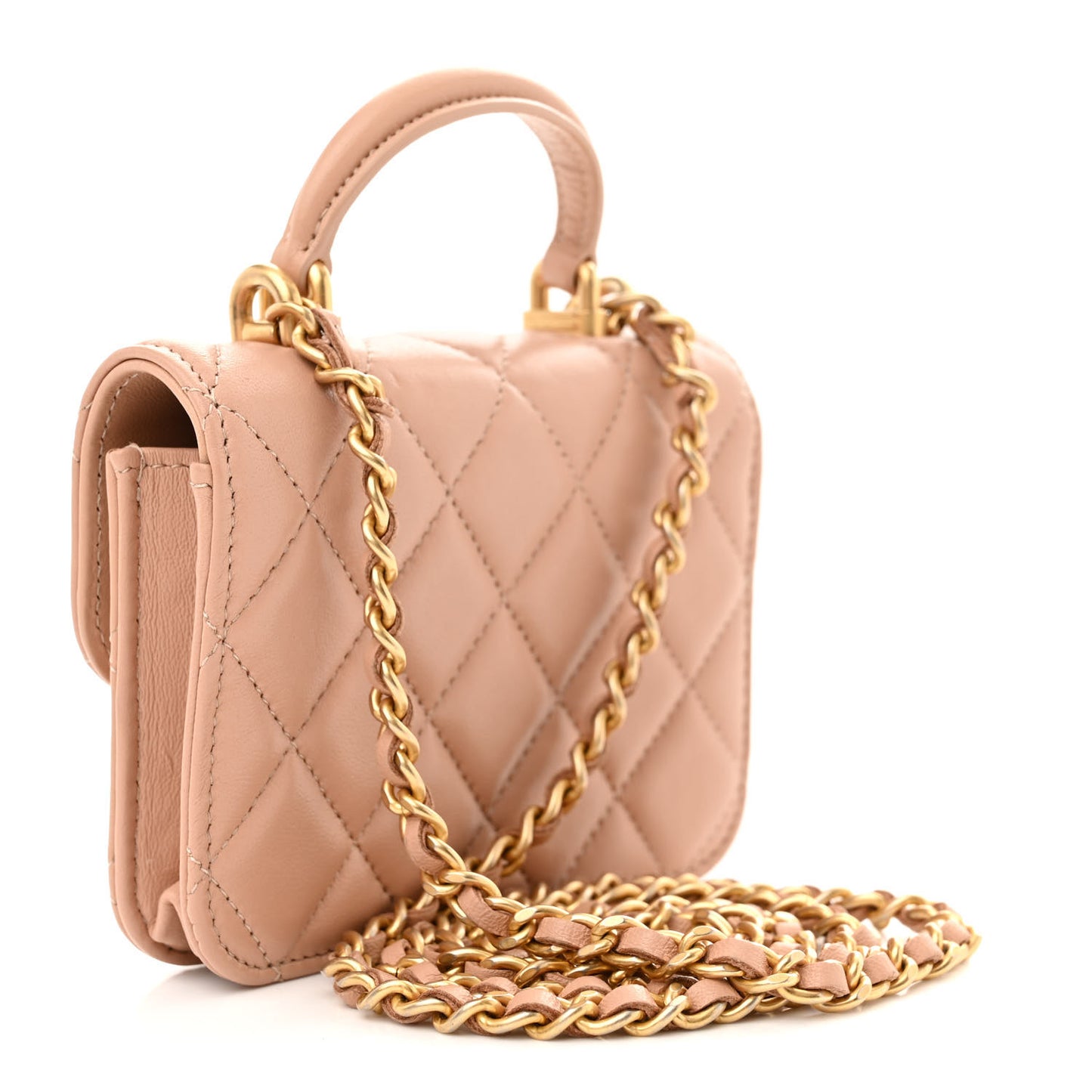 Lambskin Quilted Top Handle Flap Coin Purse With Chain Beige