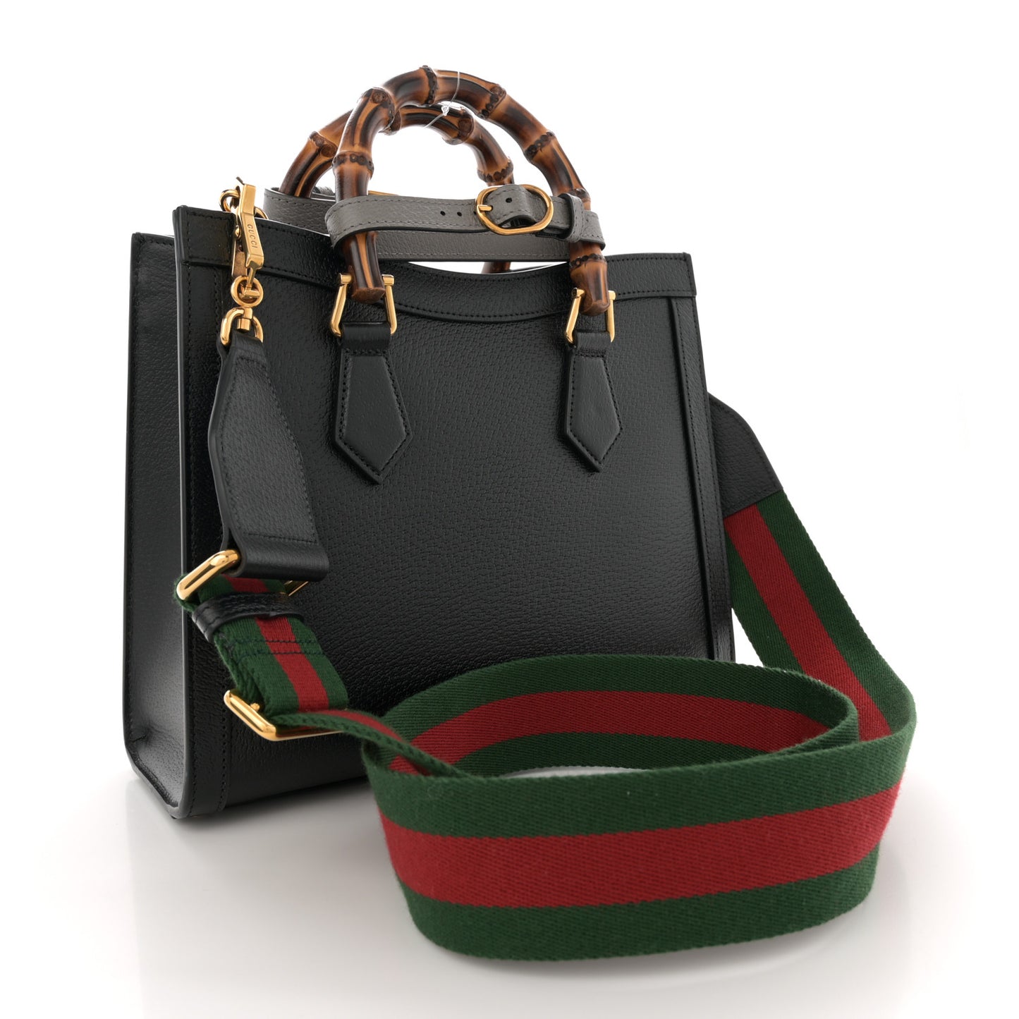 Textured Dollar Calfskin Web Mini Diana Tote Bag Black Dusty Grey