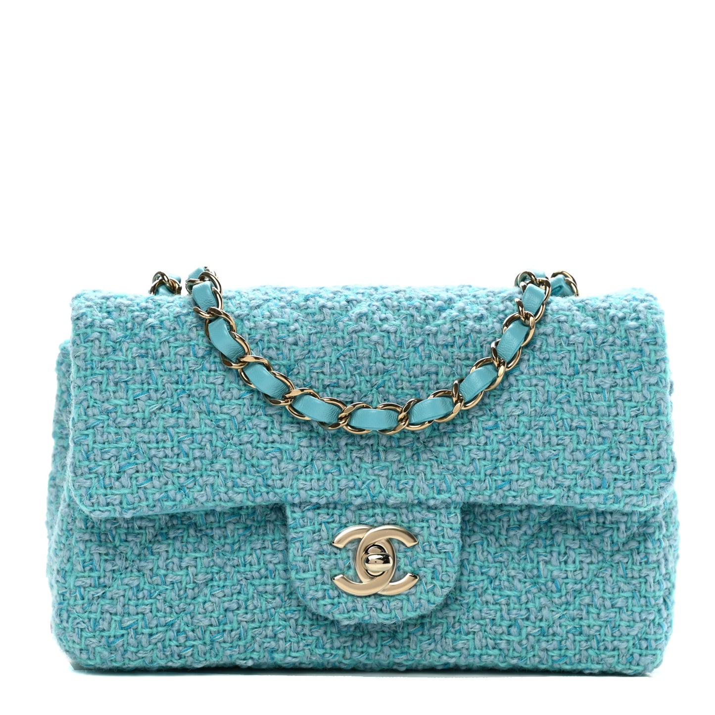 Wool Tweed Quilted Mini Rectangular Flap Turquoise Light Blue