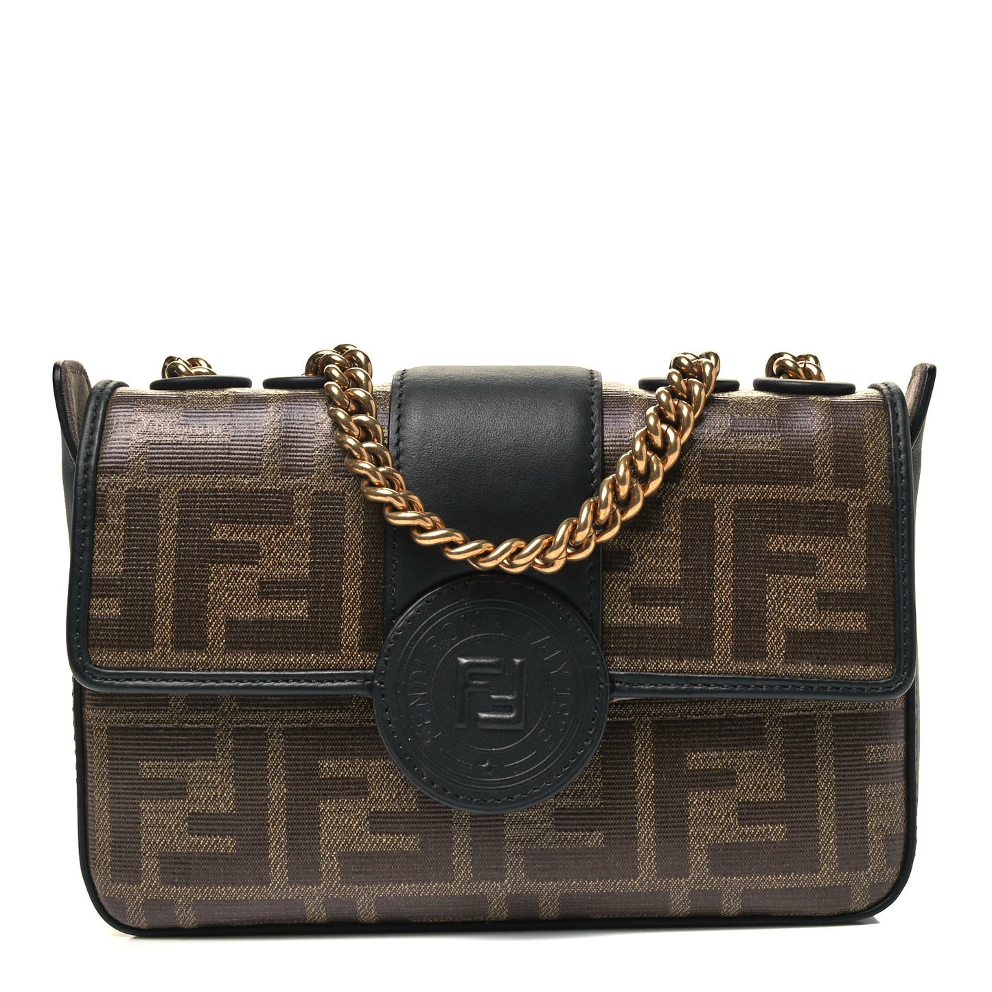 Glazed Fabric Vitello Century FF 1974 Stamp Patch Mini Double F Crossbody Bag Mogano Panna Black