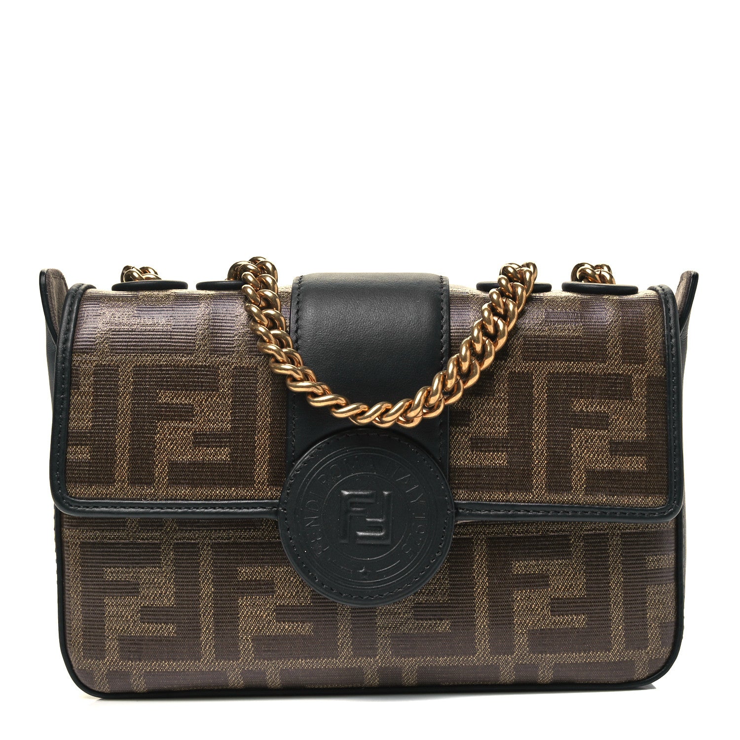 Fendi Glazed Fabric Vitello Century FF 1974 Stamp Patch Mini Double F Crossbody Bag Mogano Panna Black 1 of 9