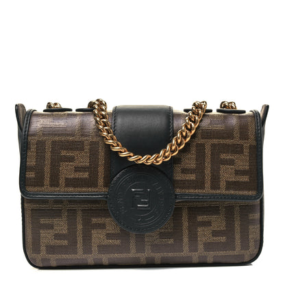 Fendi Glazed Fabric Vitello Century FF 1974 Stamp Patch Mini Double F Crossbody Bag Mogano Panna Black 1 of 9