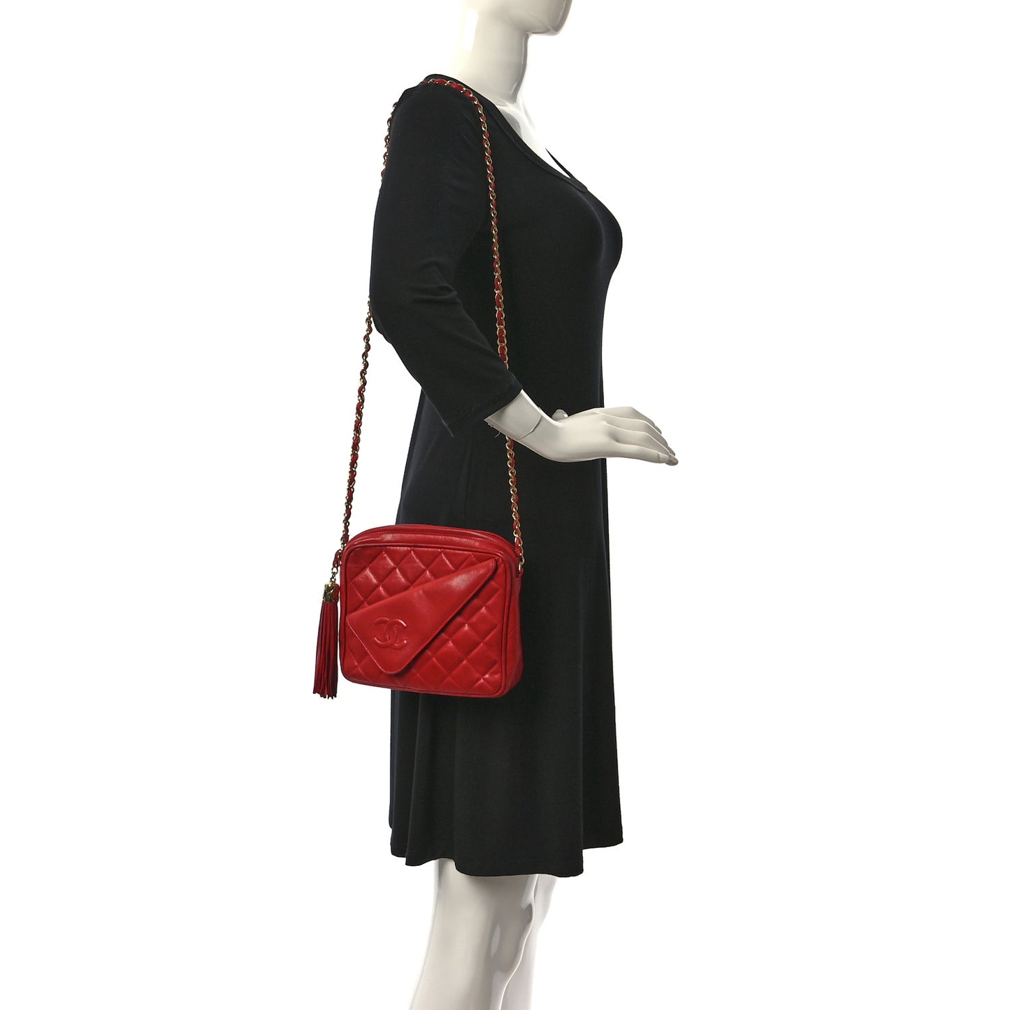Lambskin Quilted Flap Tassel Camera Case Red
