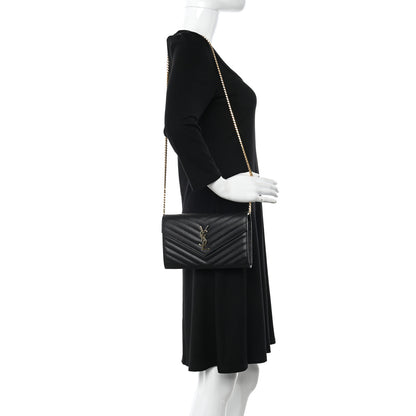 Saint Laurent Grain De Poudre Matelasse Chevron Monogram Chain Wallet Black 2 of 11
