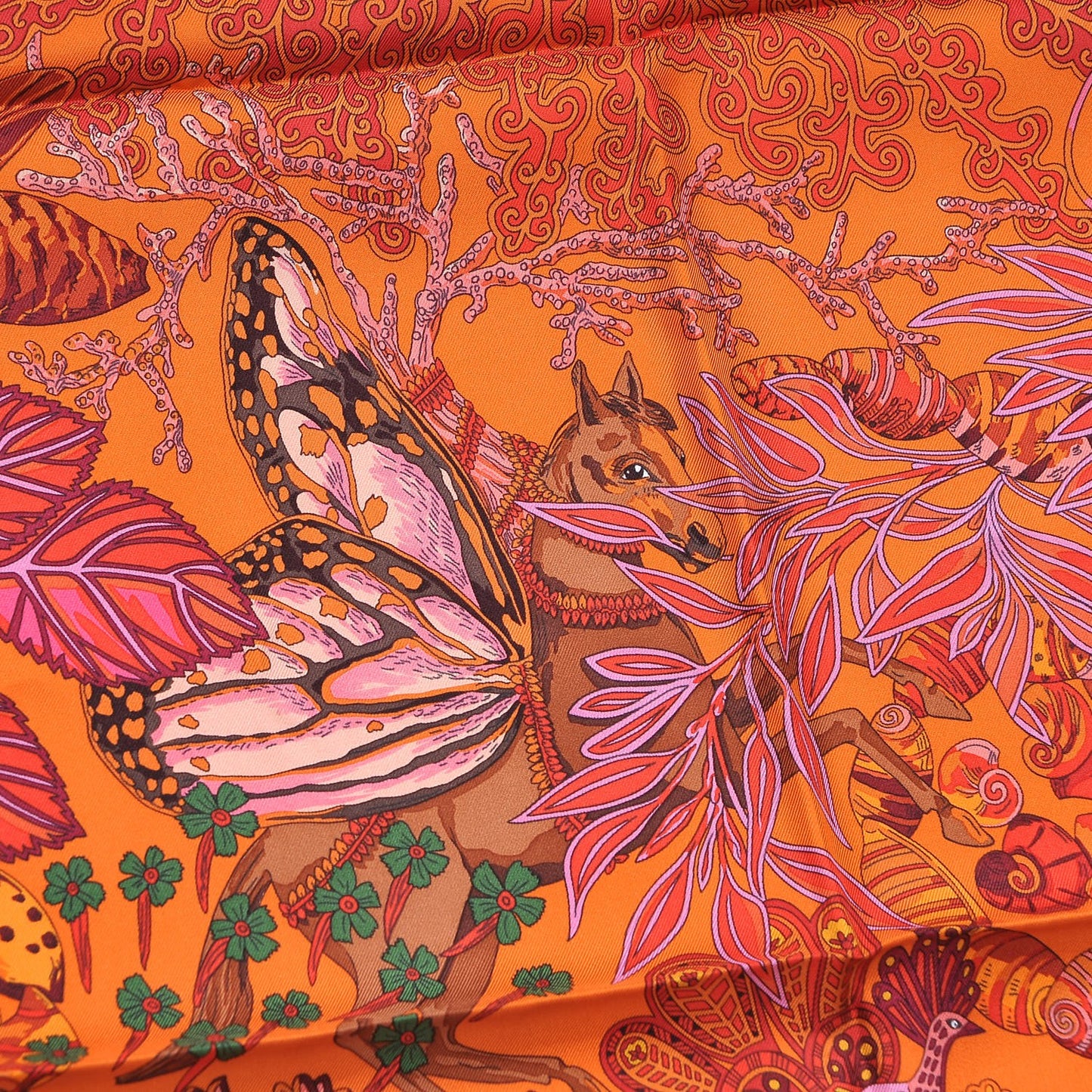 Silk Printed Mythes et Metamorphoses Scarf 90 Orange Rouge Vif Brique