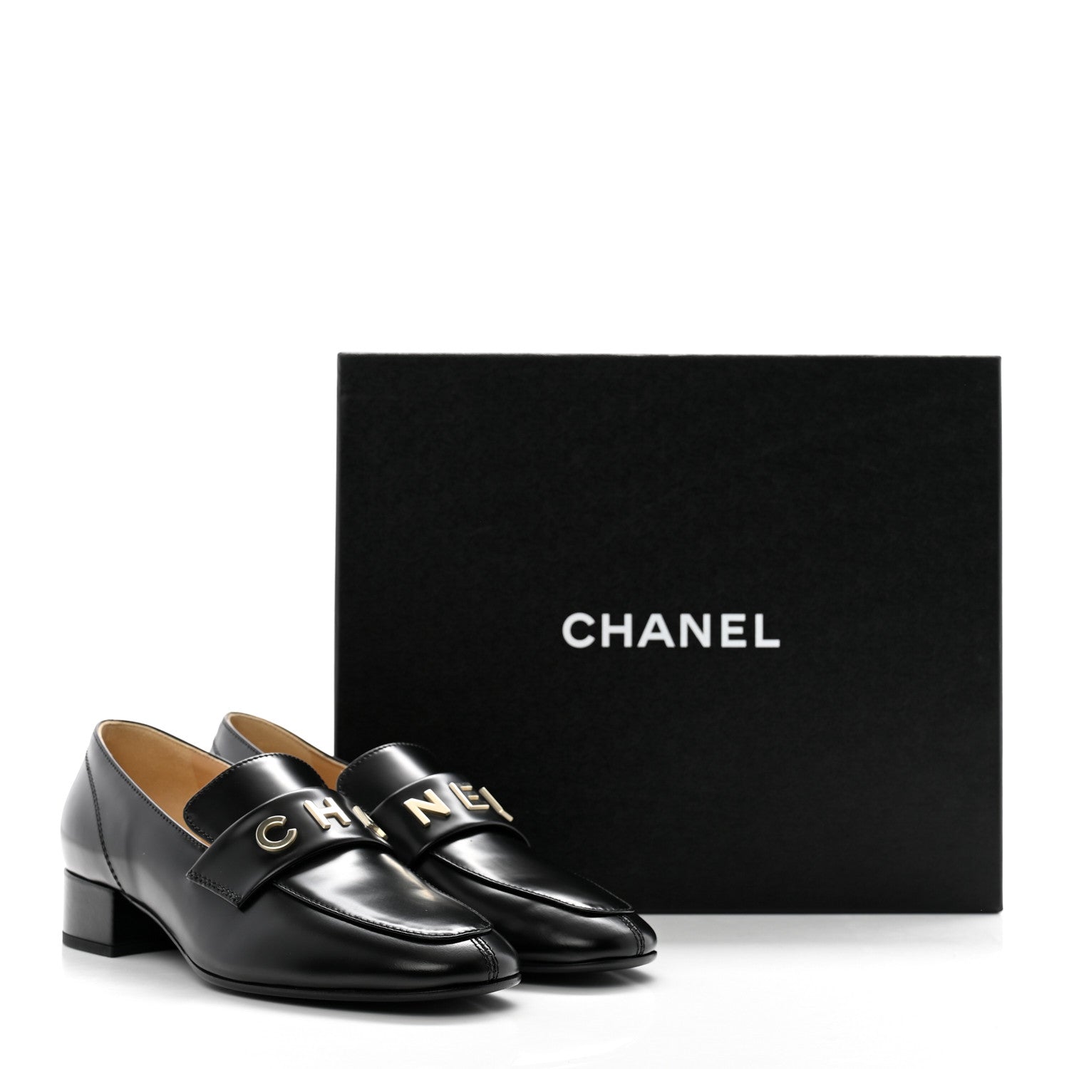Chanel Shiny Calfskin Logo Loafers 37 Black 1560914 – FASHIONPHILE