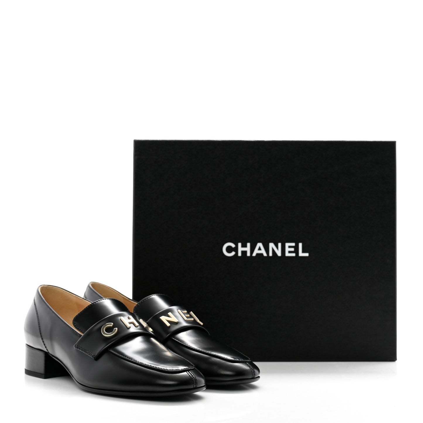 Shiny Calfskin Logo Loafers 37 Black