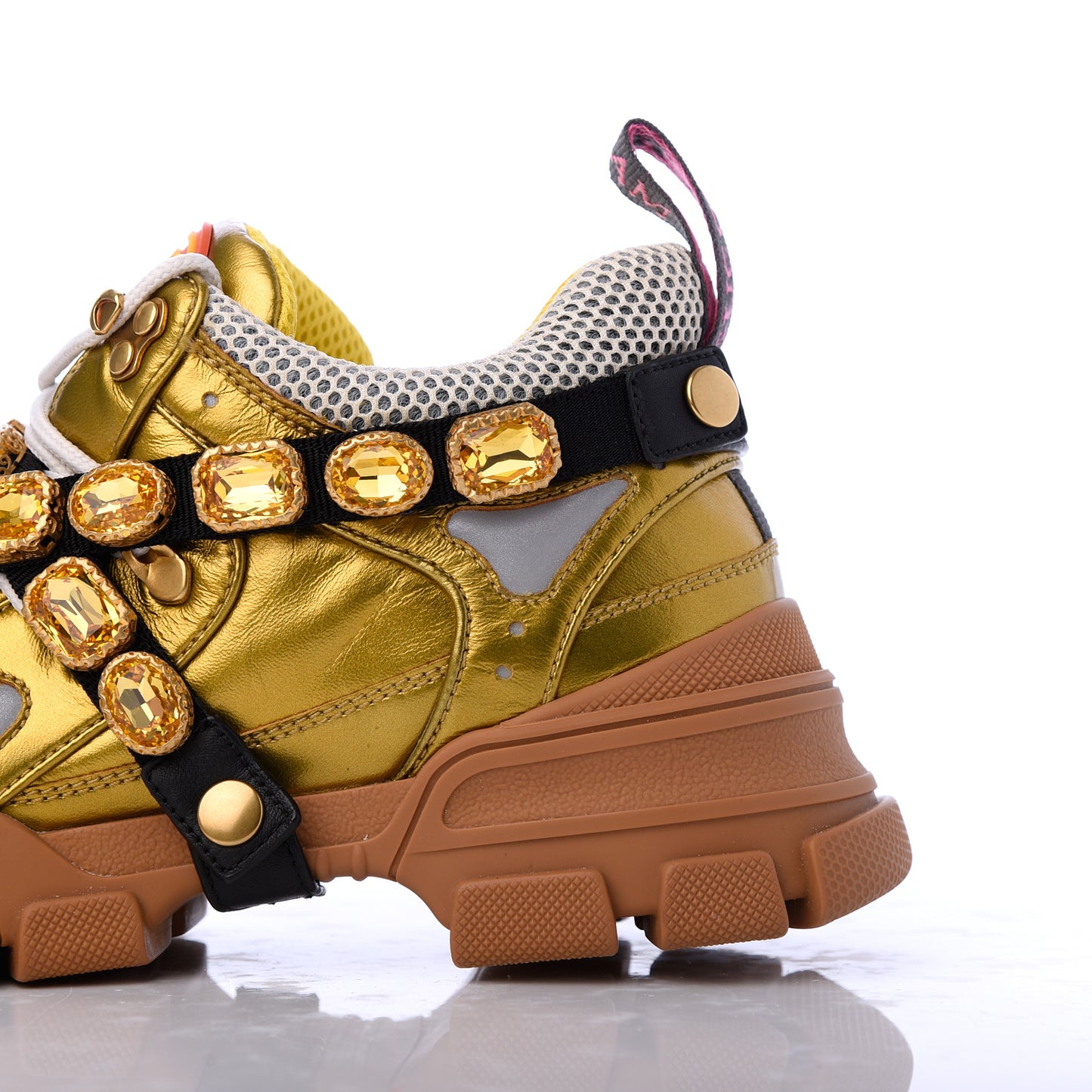 X SEGA Metallic Calfskin Mesh Removable Crystals Womens Flashtrek Sneakers 39 Oro Vecchio Mystic White Silver