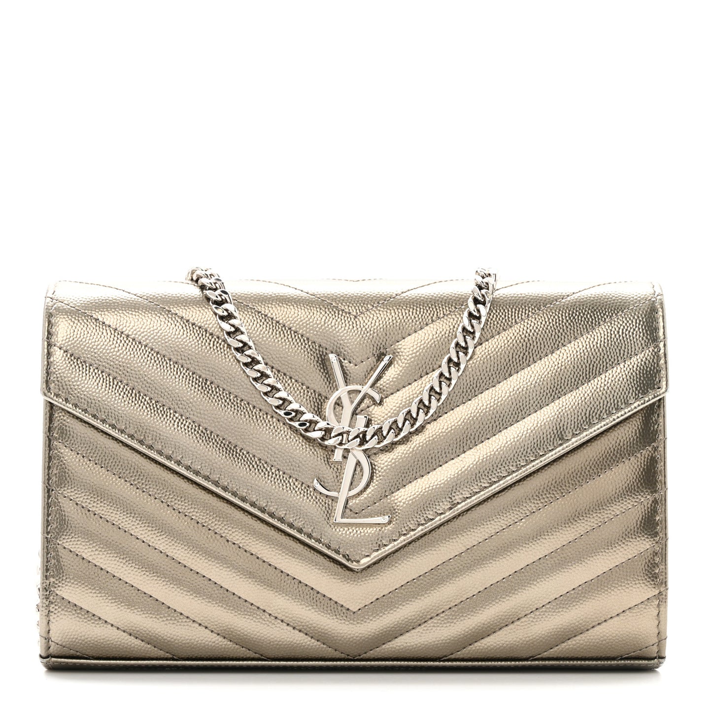 Metallic Grain De Poudre Matelasse Chevron Monogram Chain Wallet Piombo