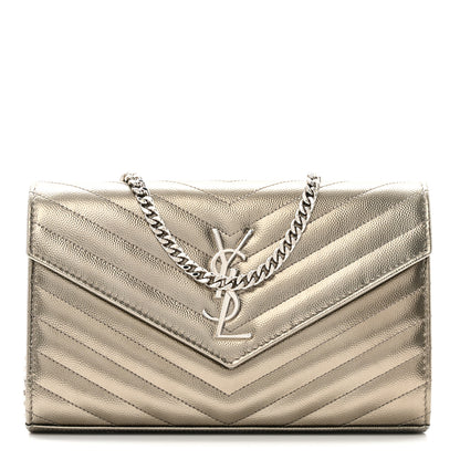 Saint Laurent Metallic Grain De Poudre Matelasse Chevron Monogram Chain Wallet Piombo 1 of 15
