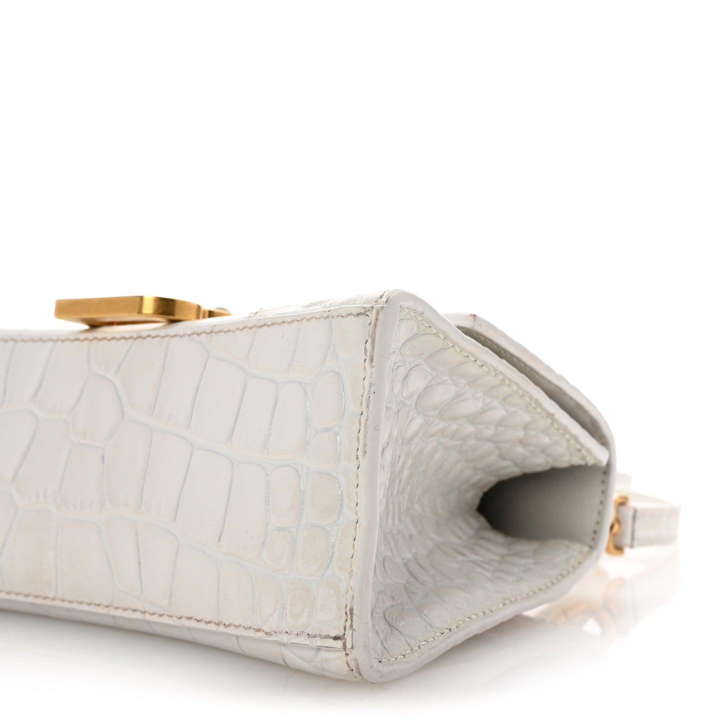 Shiny Calfskin Crocodile Embossed Hourglass Top Handle Bag XS White