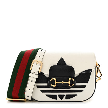 Gucci X ADIDAS Textured Dollar Calfskin Web Trefoil Mini Horsebit 1955 Shoulder Bag Off White Black 1 of 9