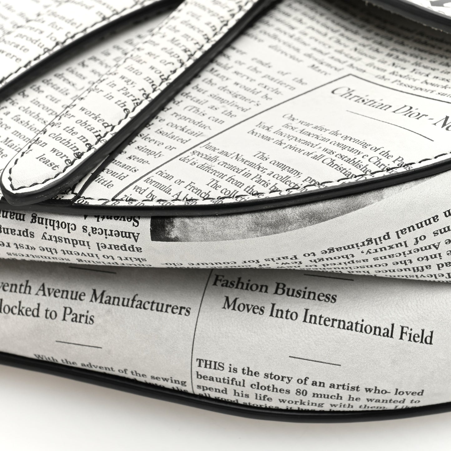 Calfskin Newspaper Printed Saddle Bag With Strap Black White