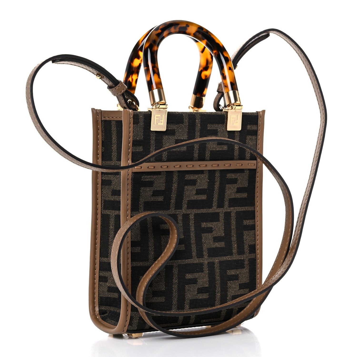 Fendi Fabric Jacquard Vitello King Plexiglass FF 1974 Mini Fendi Sunshine Shopper Tote Tobacco Moro Sand 2 of 12