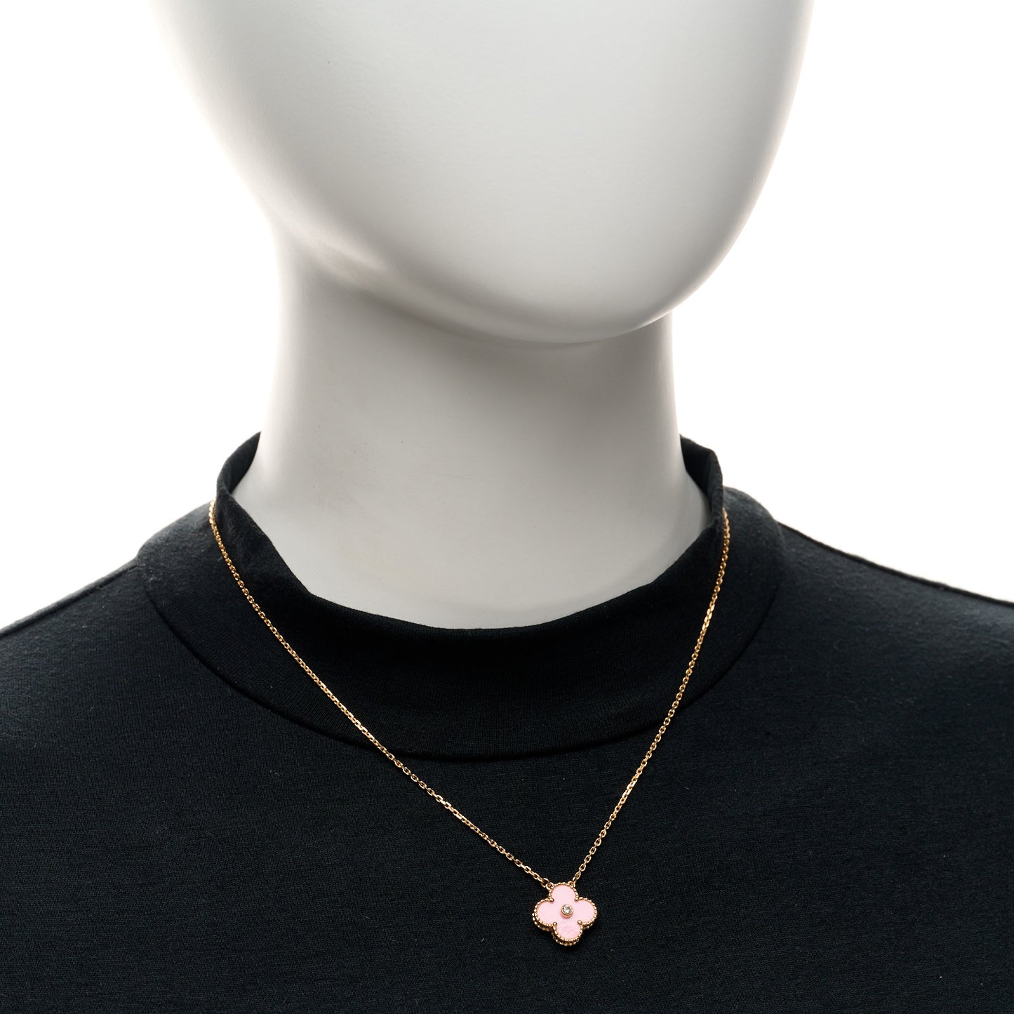 18K Rose Gold Diamond Pink Porcelain Vintage Alhambra Pendant Necklace