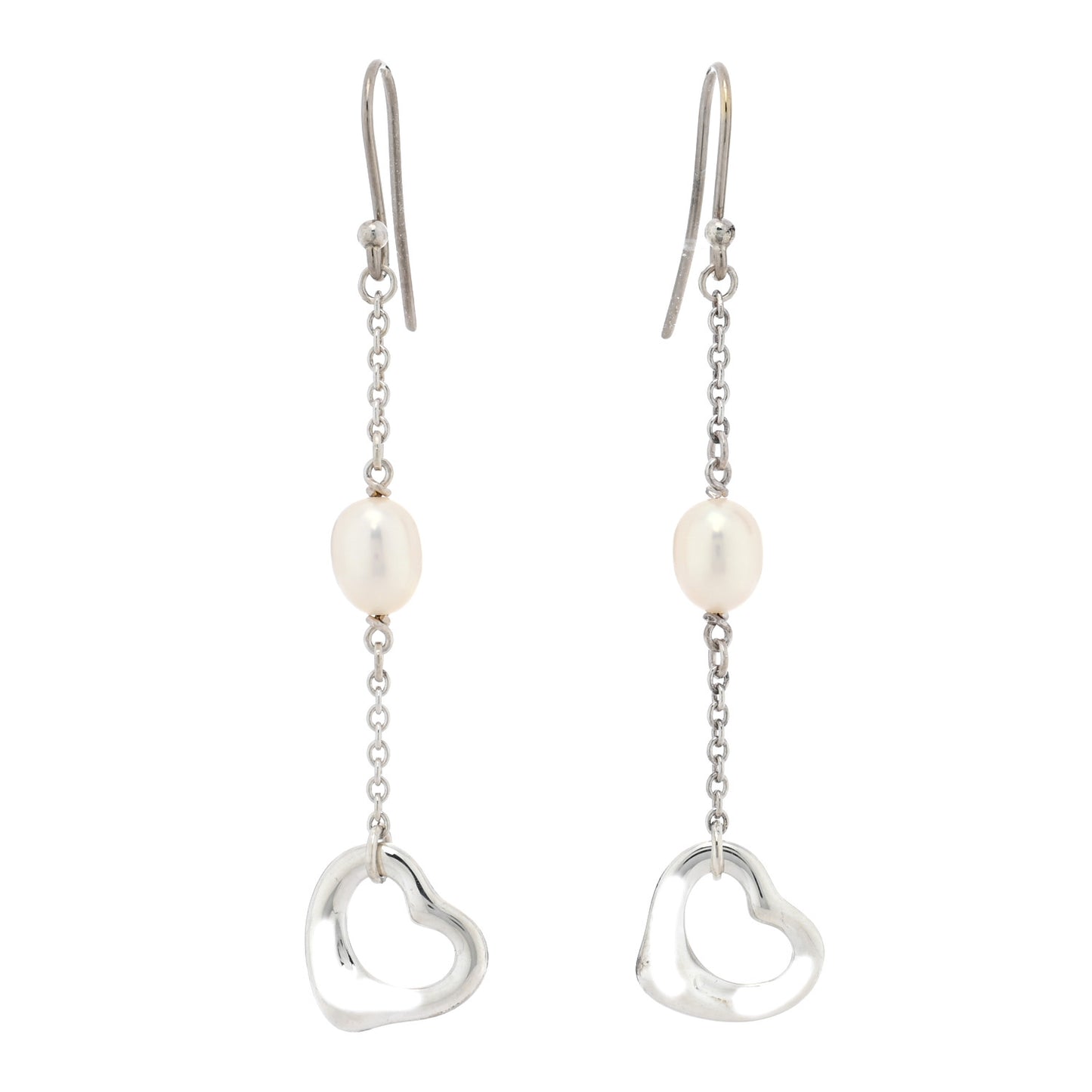 Sterling Silver Cultured Pearl Elsa Peretti Loving Heart Drop Earrings