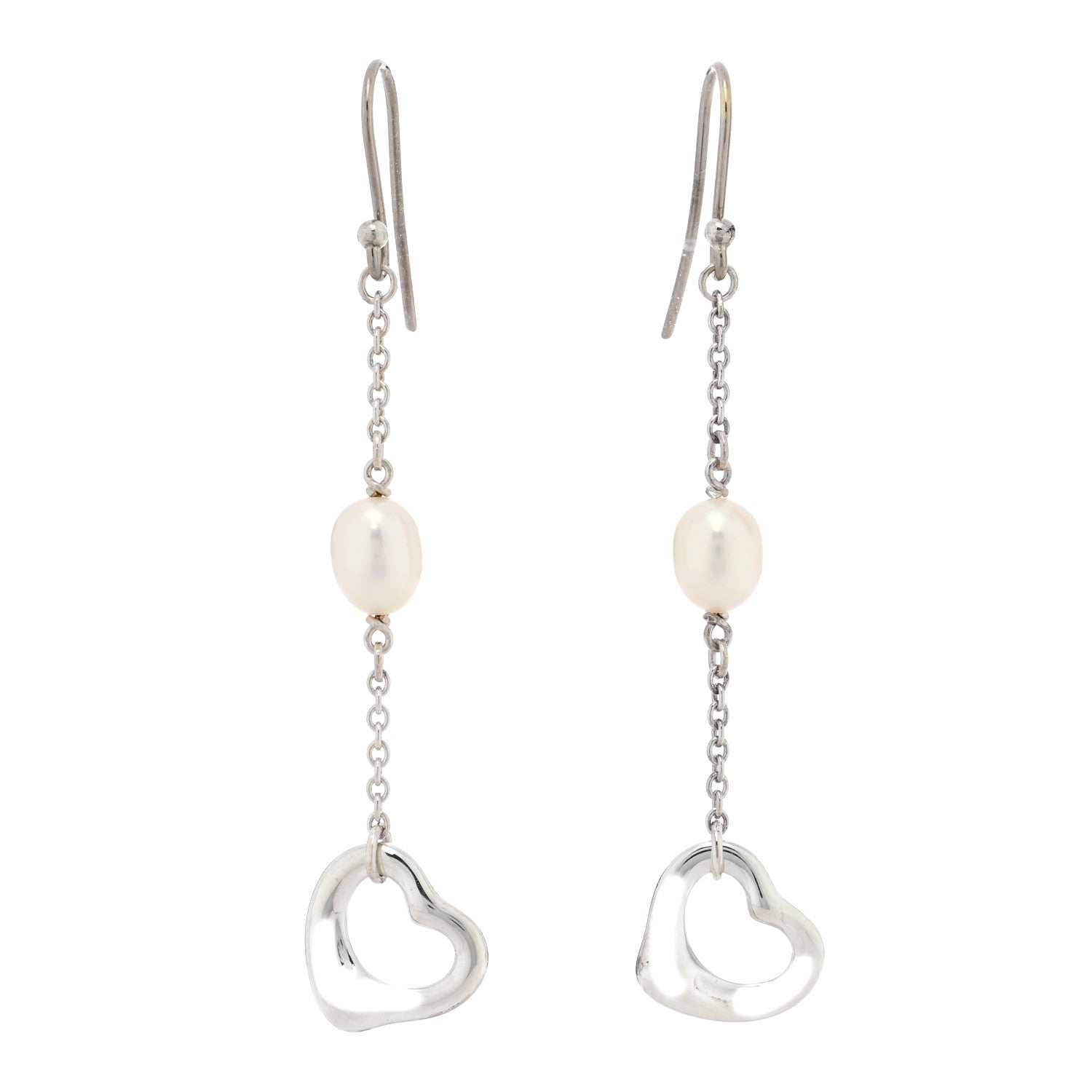 Tiffany Sterling Silver Cultured Pearl Elsa Peretti Loving Heart Drop Earrings 1 of 4
