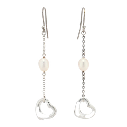Tiffany Sterling Silver Cultured Pearl Elsa Peretti Loving Heart Drop Earrings 1 of 4