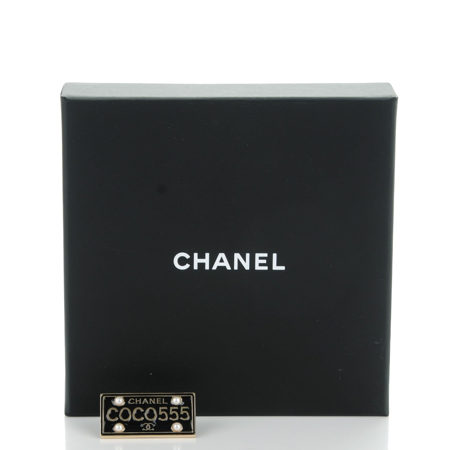 Chanel Metal Resin Pearl Coco License Plate Brooch Black Gold 5 of 5