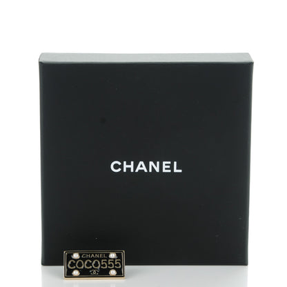Chanel Metal Resin Pearl Coco License Plate Brooch Black Gold 5 of 5