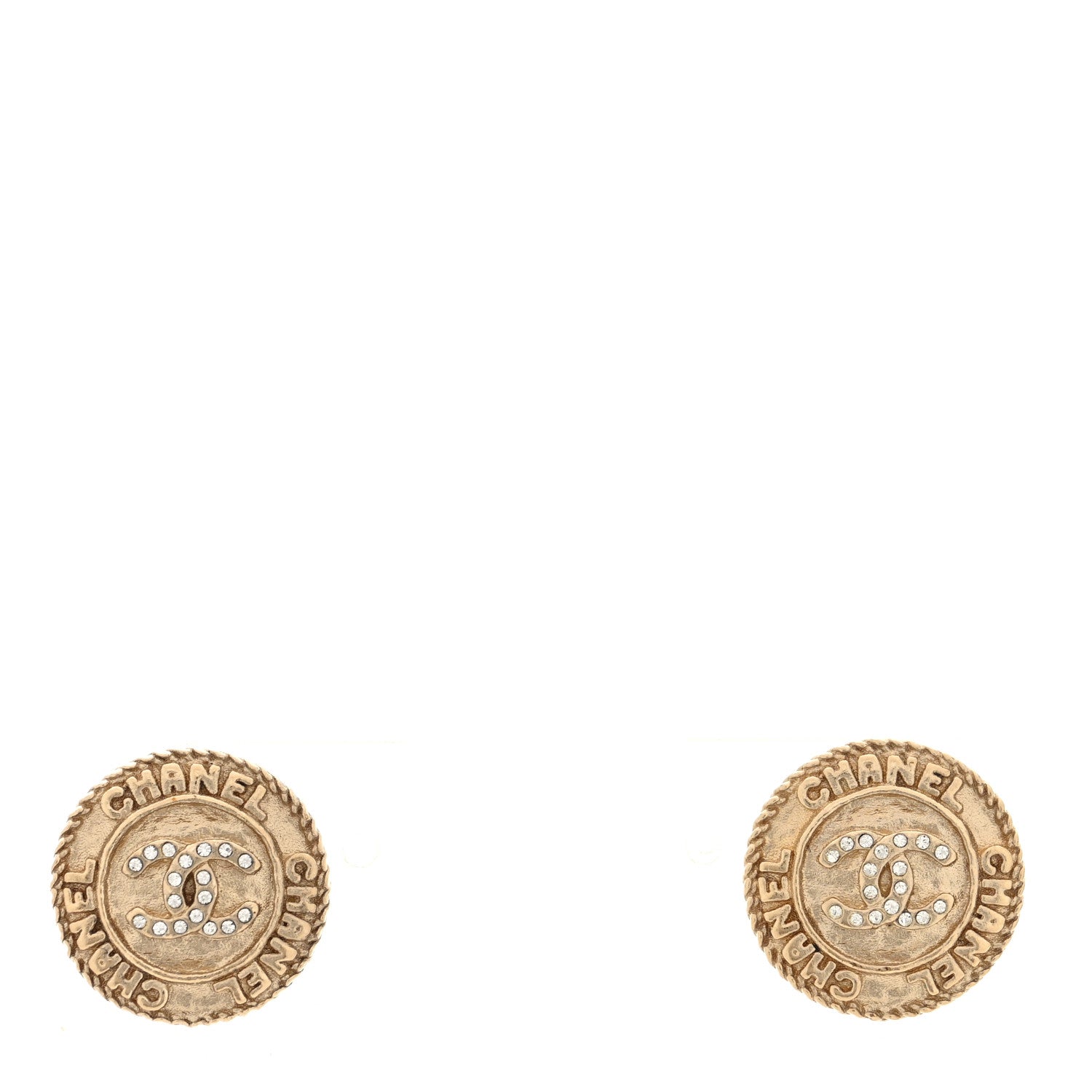 Chanel Metal Crystal CC Medallion Round Earrings Gold 1 of 5