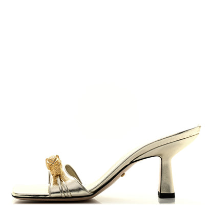 Gucci Metallic Nappa Dora Tiger Head Mid Heel Slide Sandals 37.5 Gold 1 of 9