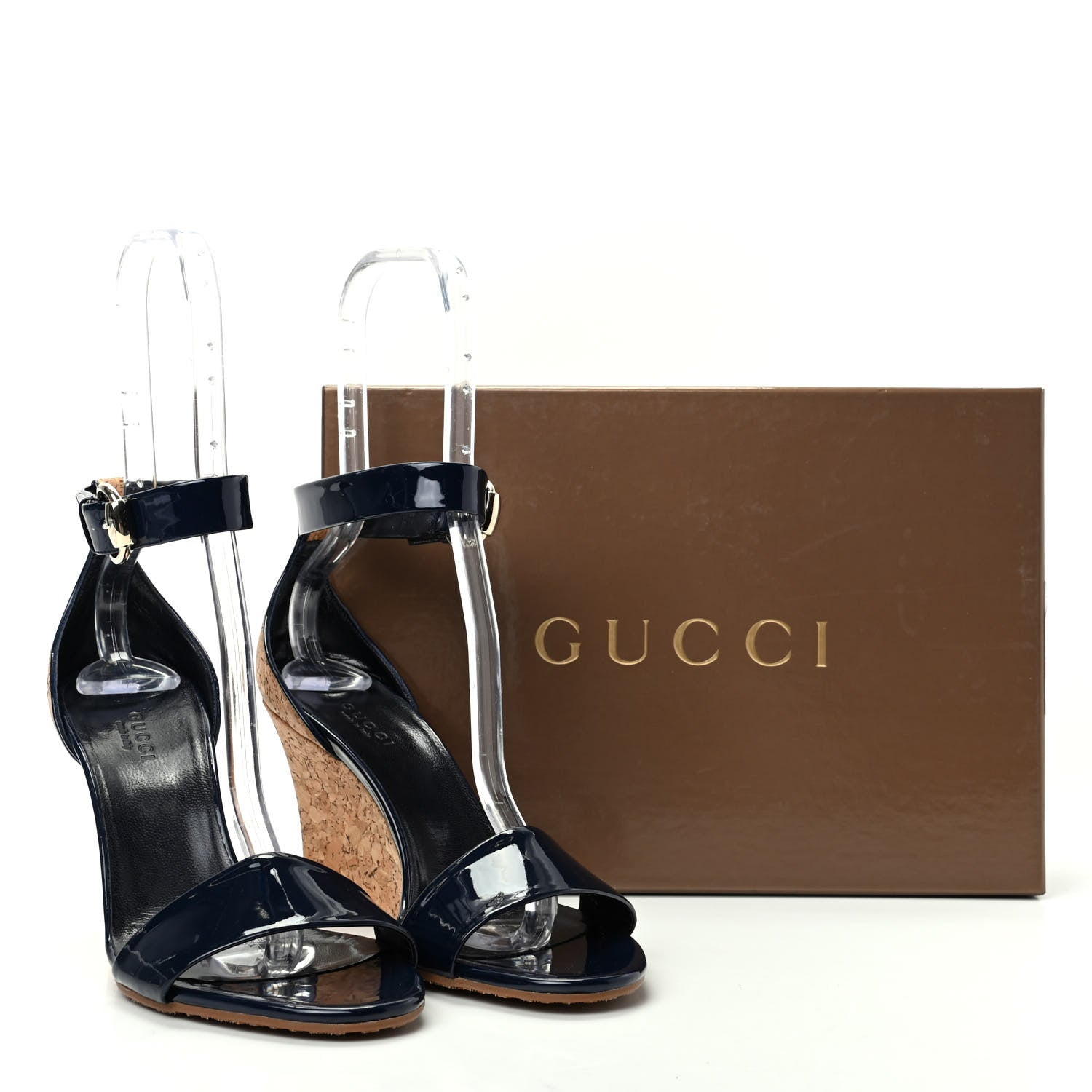 Gucci Vitello Vernice Cork Wedge Sandals 8 Blue Naturale 11 of 11