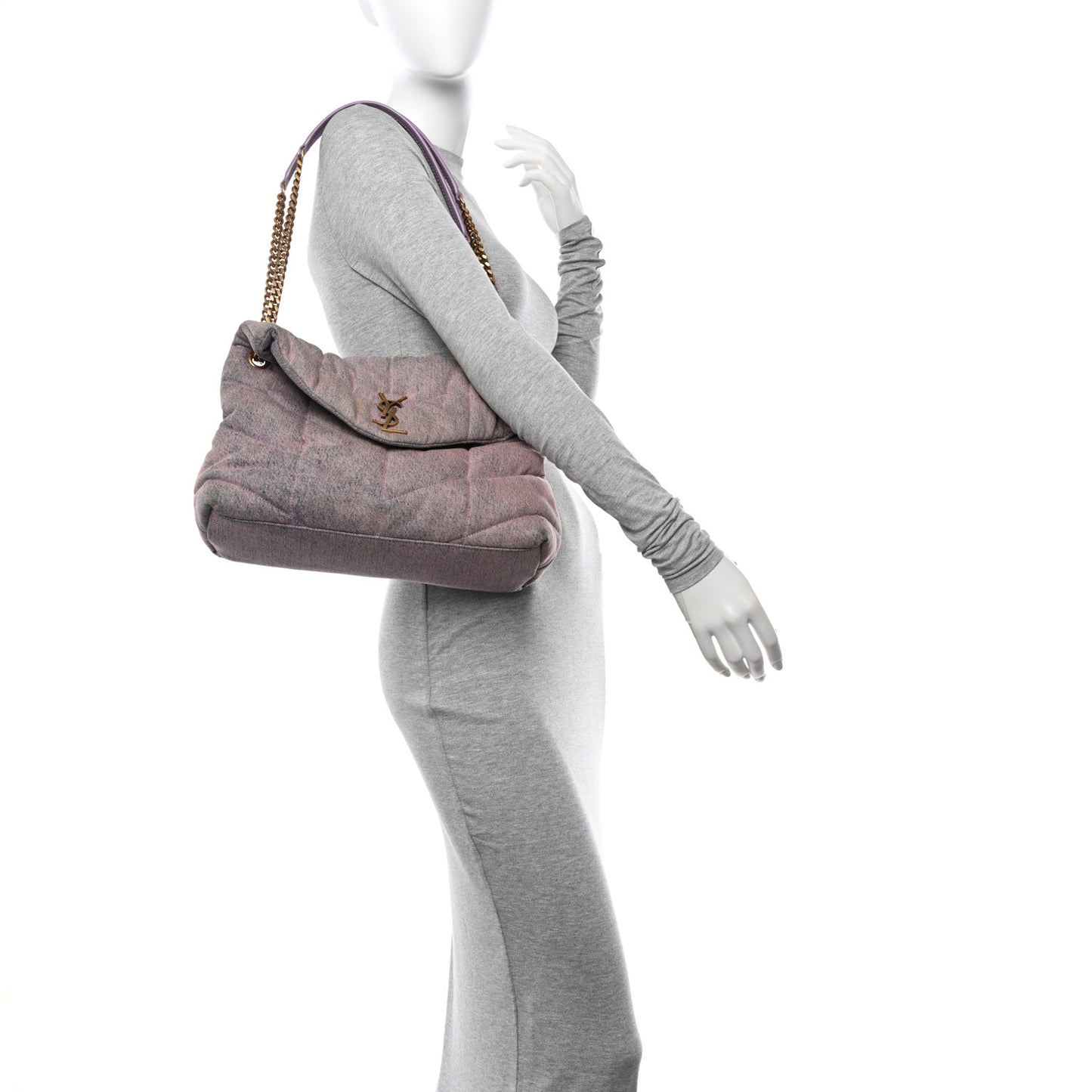 Denim Quilted Medium Loulou Puffer Monogram Chain Satchel Bleached Lilac